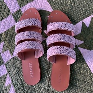 Venus White Pearl-Embellished Triple-Strap Slide Sandals